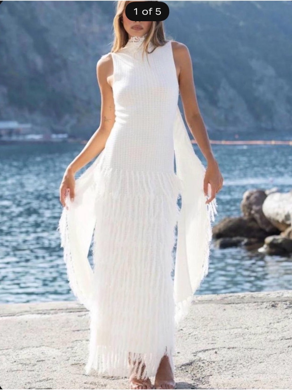 Elegant White Fringe Maxi Dress - Sleeveless Knit Maxi